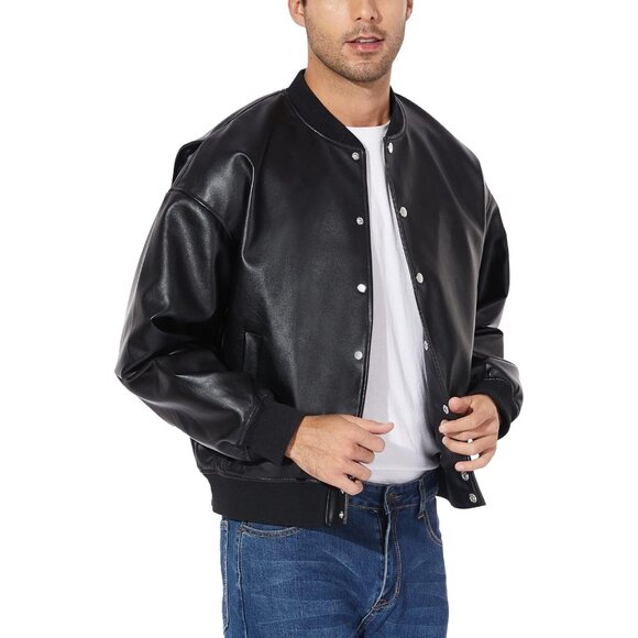 Men Black Faux Leather Biker Jacket Slim Fit Motorcycle Bomber Zip Up Coat - Picture 4 of 6